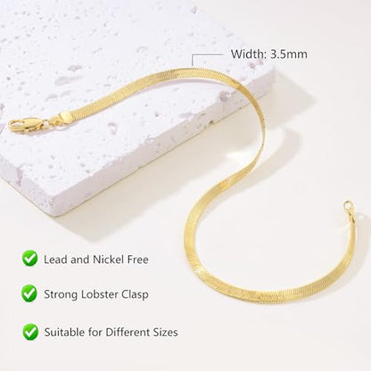 14K Gold Anklets for Women 3.5mm Snake Anklet Bracelets for Womens | 14K Gold Ankle Bracelets for Women Glow with Soft Understated Sheen Herringbone Anklet for Womens 9/10/11 inches - size: 9