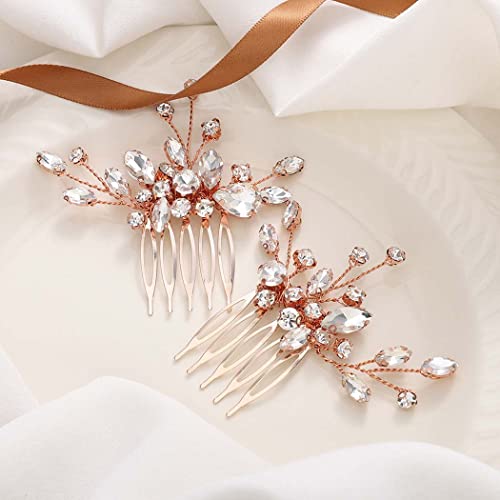 Bride Rose Gold Wedding Hair Comb Rhinestone Bridal Headpiece Sparkly Crystal Hair Accessorie for Women (Rose Gold) - color: Rose Gold
