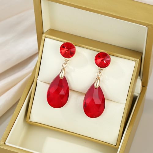 Round and Teardrop Crystal Stud Dangle Earrings Hypoallergenic Gold Plated Birthstone Drop Earrings Trendy Evening Prom Pageant Jewelry Gift for Women - color: red