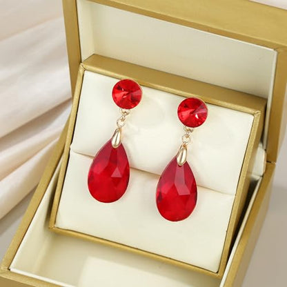 Round and Teardrop Crystal Stud Dangle Earrings Hypoallergenic Gold Plated Birthstone Drop Earrings Trendy Evening Prom Pageant Jewelry Gift for Women - color: red