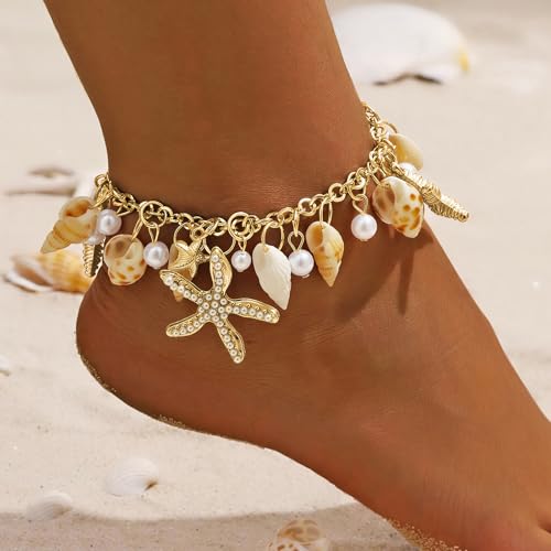 Qceasiy Shell Ankle Bracelets for Women, Boho Beaded Beach Anklet Set | Seashell, Heart, Starfish and Conch Styles, Gold-Tone, Stretch or Adjustable Fit, Layered Beach Vacation Jewelry Gifts - color: Gold 3