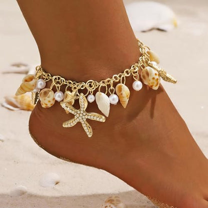 Qceasiy Shell Ankle Bracelets for Women, Boho Beaded Beach Anklet Set | Seashell, Heart, Starfish and Conch Styles, Gold-Tone, Stretch or Adjustable Fit, Layered Beach Vacation Jewelry Gifts - color: Gold 3