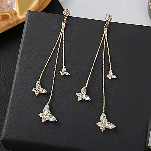 Temperament Crystal Butterfly Drop Dangle Earrings for Women Long Tassel Butterfly Stud Earrings - color: Gold