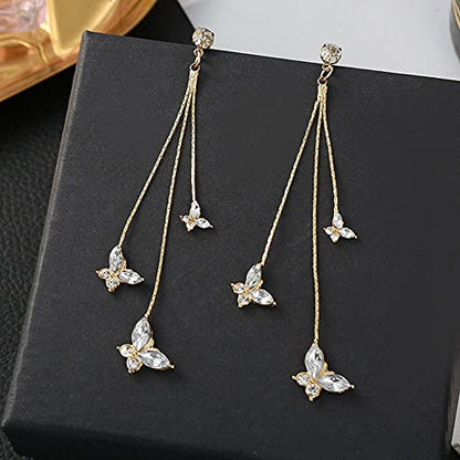 Temperament Crystal Butterfly Drop Dangle Earrings for Women Long Tassel Butterfly Stud Earrings - color: Gold