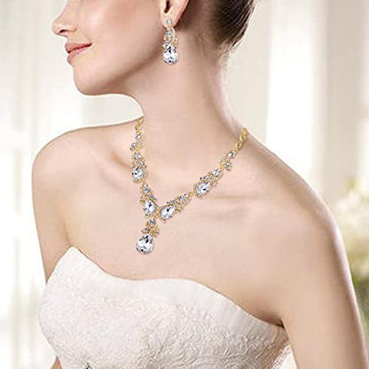 Wedding Bridal Jewelry Set for Women Prom Party Accessories | Shiny Multi Teardrop Cluster Crystal Statement Necklace Dangle Earrings Link Bracelet Set for Bride Bridesmaid - color: Clear Gold-Plated-Base