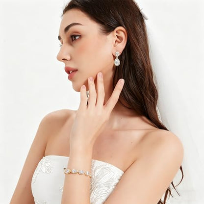 Bride Teardrop Earrings & Bracelet Wedding Jewelry Set, Cubic Zirconia Bridal Bridesmaid Party Formal Prom Gift - color: Gold