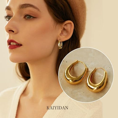 2 Pairs Gold/Silver Hoop Earrings For Women Set Trendy,14K Plated Gold Chunky Huggie Hoop Earings Pack,Oval Twisted Statement Silver Hoops,Fashion Jewelry Gift - color: 17) small chunky oval hoops