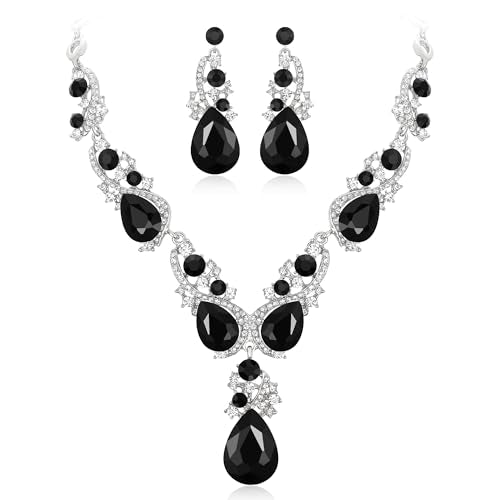 Women's Wedding Bridal Crystal Multi Teardrop Cluster Statement Necklace Dangle Earrings Set - color: 05-Black Silver-Tone