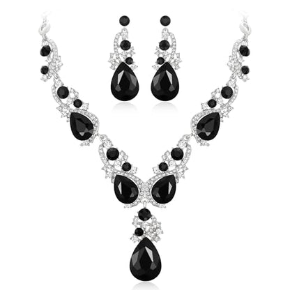 Women's Wedding Bridal Crystal Multi Teardrop Cluster Statement Necklace Dangle Earrings Set - color: 05-Black Silver-Tone