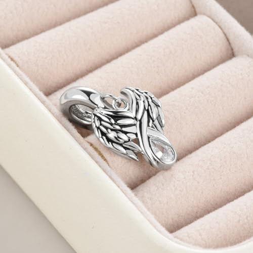 KunBead Guardian Angel Wings Birthstone Dangle Birthday Charms Compatible with Pandora Charm Bracelet for Women - color: White