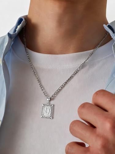 U7 Initial Letter Necklace for Men Women, 14K Gold/Silver Plated Square Capital Monogram Pendant Necklace from A-Z with 22+2 Inch Figaro Chain, Personalized Jewelry for Him - color: Silver, style: U