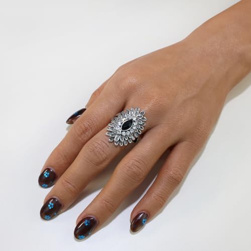 Boho Retro Rhinestone Ring Ethnic Big Flower Crystal Finger Ring Trendy Statement Tribal Indian Dance Costume Ring Jewelry for Women - color: Silver-black