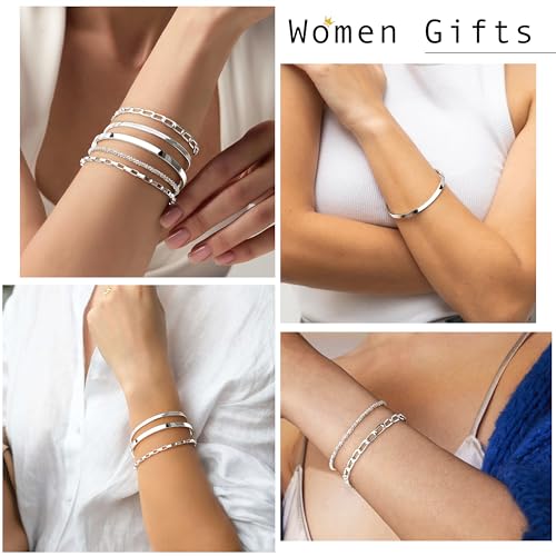 Dainty Gold Bracelet for Women Trendy Non Tarnish, Thin Bracelets Stackable Set with Bangle Cuff, Box, Herringbone, Paperclip, Figaro, Sparkling Link Chains Waterproof, Simple Jewelry Gifts for Women - color: style 03-silver