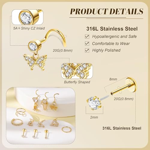 REVOLIA 12Pcs 20G Nose Ring Set 316L Stainless Steel Nose Rings Hoop for Women CZ L Shaped Studs Dangle Heart Butterfly Screw Nose Studs Cute Threadless Flat Back Nose Piercings Jewelry - color: Gold