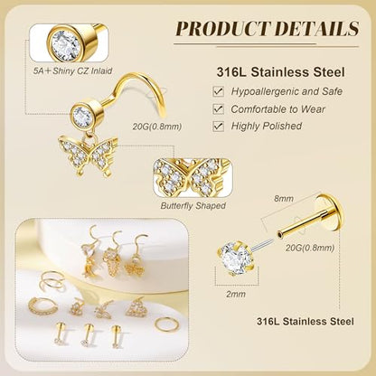 REVOLIA 12Pcs 20G Nose Ring Set 316L Stainless Steel Nose Rings Hoop for Women CZ L Shaped Studs Dangle Heart Butterfly Screw Nose Studs Cute Threadless Flat Back Nose Piercings Jewelry - color: Gold