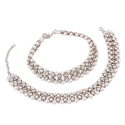 Efulgenz Indian Anklet Bracelet Bridal Crystal Faux Pearl Jhanjara Payal - color: White