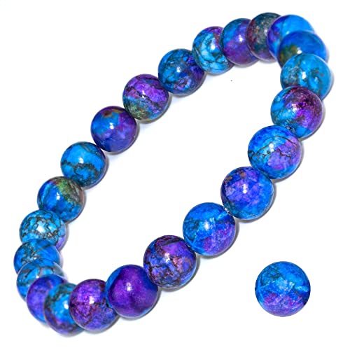 8mm Natural Crystal Stretch Bracelet | Handmade Round Stone Bead Bracelet, Runs Large, Meditation Yoga Gift for Women & Men - color: Multi Azurite