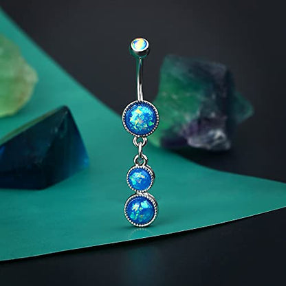 Cute Dangly Opal Belly Button Rings 14g 316L Stainless Steel Dangle Navel Rings for Women Belly Button Piercing Dangling Navel Bar - color: Blue Opal