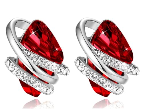 Gifts for Women, Wish Stone Stud Earrings with Birthstone Crystals, 18K Rose Gold Plated or Silver-tone - color: 201-January July-Ruby Red-Silvertone