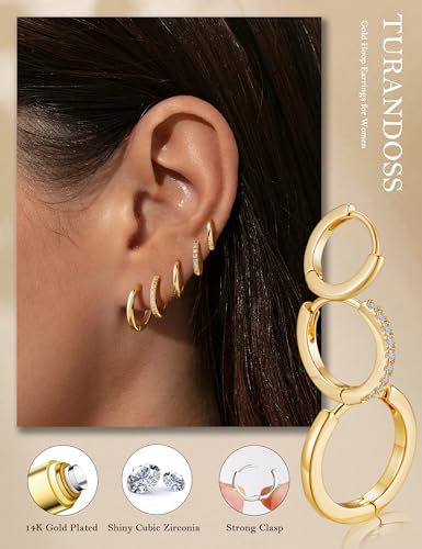 Turandoss 5 Pairs Gold Huggie Hoop Earrings for Women | Dainty Small Hoop Earring Stacks, Cartilage, Multiple Piercing, 14K Gold Plated, Hypoallergenic - color: Gold Hoop