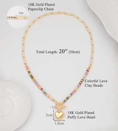 Aobei Pearl 18K Gold Plated Moon Star Lion Evil Eye Love Heart Cross Pendant Necklace Medallion Paperclip Chian Choker Layering Jewery for Women - color: Colorful Beads and 18K Gold Plated Heart