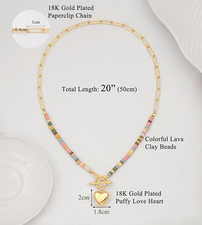Aobei Pearl 18K Gold Plated Moon Star Lion Evil Eye Love Heart Cross Pendant Necklace Medallion Paperclip Chian Choker Layering Jewery for Women - color: Colorful Beads and 18K Gold Plated Heart