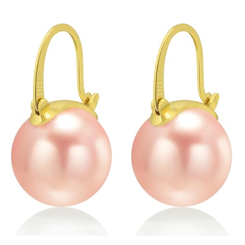 HUGE TOMATO 925 Sterling Silver Simulated Shell Pearl Earrings for Women Trendy, Big Pearl Drop Earrings Leverback Stud,18K Gold Plated Large Pearl Hoop Dangle Hypoallergenic Jewelry 14mm - color: Pink Champagne