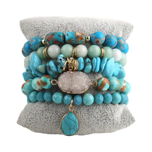 Yomisa 5PCS 6PCS Natural Boho Beaded Bracelets/Bangle for Women Men,Healing Turquoise Jasper Agate Crystal Gemstone Stone Chakra Multilayer Wrap Bohemian Handmade Jewelry Beads Stretch Bracelet Set - color: 5PCS-Turquoise