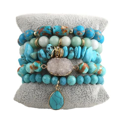 Yomisa 5PCS 6PCS Natural Boho Beaded Bracelets/Bangle for Women Men,Healing Turquoise Jasper Agate Crystal Gemstone Stone Chakra Multilayer Wrap Bohemian Handmade Jewelry Beads Stretch Bracelet Set - color: 5PCS-Turquoise