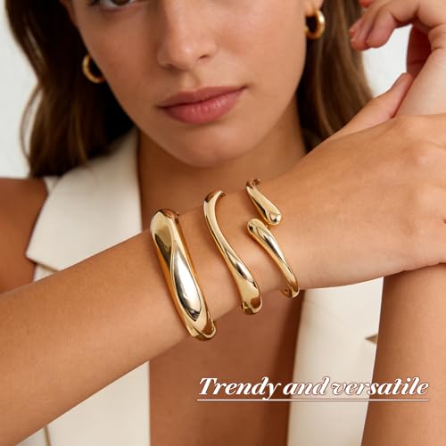Chunky Gold Bangles Bracelets for Women, 14k Gold Plated Hinged Big Stackable Bangles Set, Trendy Wide Statement Cuff Bracelets Stack Fashion Jewelry Gifts - color: Gold-3pcs-Styles-2
