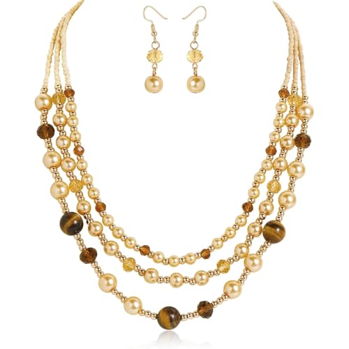 Coiris Layered Pearl Necklace and Earring Set for Women Boho Beaded Statement Choker with Faux Pearls Chunky Costume Jewelry for Wedding Party Beach Vacation Gift - color: Champagne