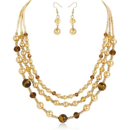 Coiris Layered Pearl Necklace and Earring Set for Women Boho Beaded Statement Choker with Faux Pearls Chunky Costume Jewelry for Wedding Party Beach Vacation Gift - color: Champagne