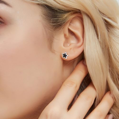 JSGEMSLEE Hypoallergenic 925 Sterling Silver Stud Earrings for Women With Screw Back Small Butterfly Heart Flower Earrings for Girls Tragus Cartilage Jewelry Gifts - color: black star