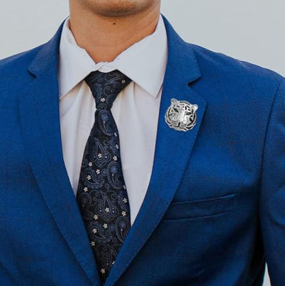 Rhinestone Tiger Head Brooch Pins.Gold Silver Animal Lapel Pin,Charm Lion Coat Collar Brooch for Men Suit Pin - color: Silver