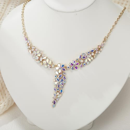 EleQueen Statement Sparkle Crystal Necklace Bracelet Dangle Earrings Set for Women, Art Deco Prom Chandelier Jewelry for Wedding Bridal - color: AB Iridescent-Gold-Plated-Base