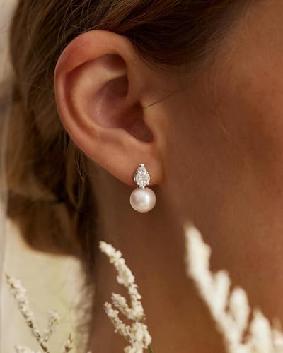 Pearl Earrings for Women Trendy Dainty Wedding Earring 14K Gold Plated/Silver Plated Dainty Cute Drop Dangle Pearl Earrings Studs Hypoallergenic CZ Diamond Wedding Earrings for Brides Prom Jewelry Gift for Women - color: 06.Silver drop