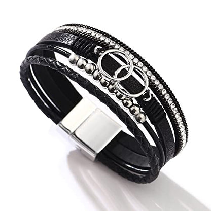 Womens Multi-Layer Leather Wrap Bracelet Boho Cuff Bangle Crystal Rhinestone Stackable Layered Leather Wrist Cuff with Magnetic Buckle (Black)