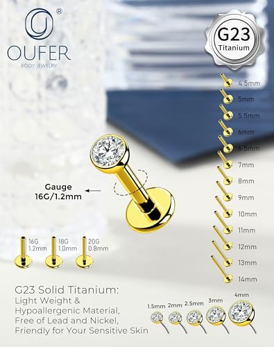 OUFER 2Pcs 20G/18G/16G G23 Titanium Threadless Nose Stud Earrings Flat Back Tiny CZ Small Nose Helix Cartilage Tragus Conch Labret Medusa Monroe Piercing Jewelry for Women Men - color: Gold, size: 2pcs, 16g 4.5mm, 2.5mm cz
