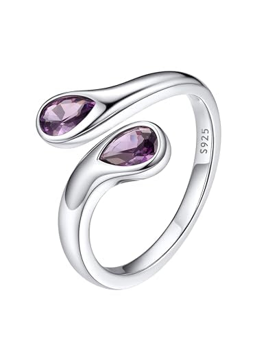 Bestyle Silver Birthstone Ring for Women, Dainty Sterling Silver Teardrop Ring Open Adjustable Band Ring, Love Statement TOI et Moi Ring Promise Ring for Her - color: 02.February ( Amethyst)
