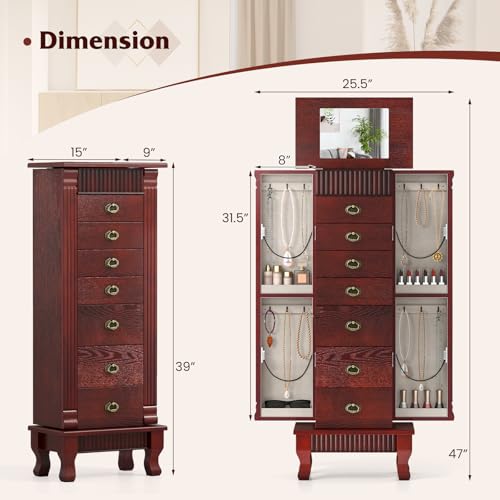 Giantex Standing Jewelry Cabinet with 7 Drawers, Flip-Top Mirror, 2 Side Doors with 12 Necklace Hooks, Divided Ring Compartments, Velvet-Lined Jewelry Armoire Organizer Chest (Cherry) - color: Cherry