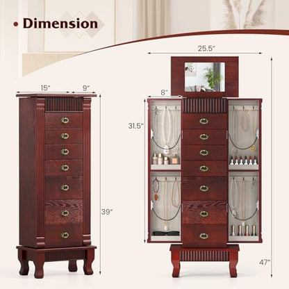 Giantex Standing Jewelry Cabinet with 7 Drawers, Flip-Top Mirror, 2 Side Doors with 12 Necklace Hooks, Divided Ring Compartments, Velvet-Lined Jewelry Armoire Organizer Chest (Cherry) - color: Cherry
