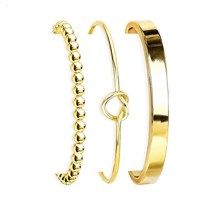 HERIER Gold Bracelets for Women 18k Gold Plated Bracelet Stack Bangle Cuff Bracelet Set for Women Non Tarnish Beaded/Paperclip/Cuban Link Chain Bracelets Jewelry for Women Trendy - style: Bangle Bead3-Gold