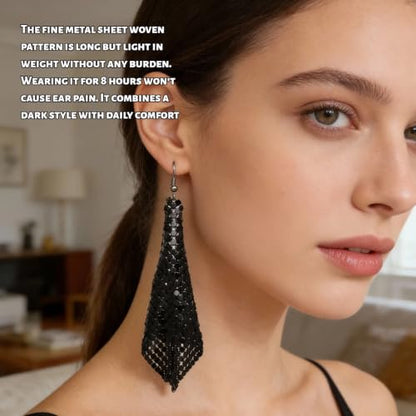 Mesh Sequin Tassel Long Drop Earrings for Women, Lightweight Metal Grid Fringe Dangle Earrings, Colorful Sparkly Alloy Wedding Bridal Party Jewelry (1 pair) - color: Black