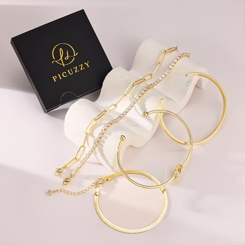 14K Gold Plated Stackable Bangle Bracelets Set for Women | Cuff Bracelet Stackable Bangles Bracelet for Women Trendy Fashion Accessories Tie Knot Cuban Rope Paperclip Beaded Bracelets - color: 5-layer C GD