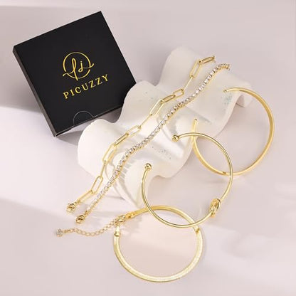 14K Gold Plated Stackable Bangle Bracelets Set for Women | Cuff Bracelet Stackable Bangles Bracelet for Women Trendy Fashion Accessories Tie Knot Cuban Rope Paperclip Beaded Bracelets - color: 5-layer C GD