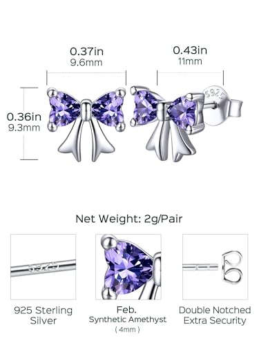 ChicSilver 925 Sterling Silver Bow/Butterfly Earrings for Women Hypoallergenic Birthstone Earrings Dainty Bow/Butterfly Jewelry Gift for Women - color: Bow-February-Amethyst