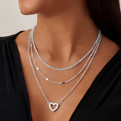 RANKEEF Layered Gold Necklaces for Women Sterling Silver Necklace Waterproof Silver Necklace For Women Adjustable Sterling Silver Necklace For Women Set Jewelry Gift - color: Silver-A