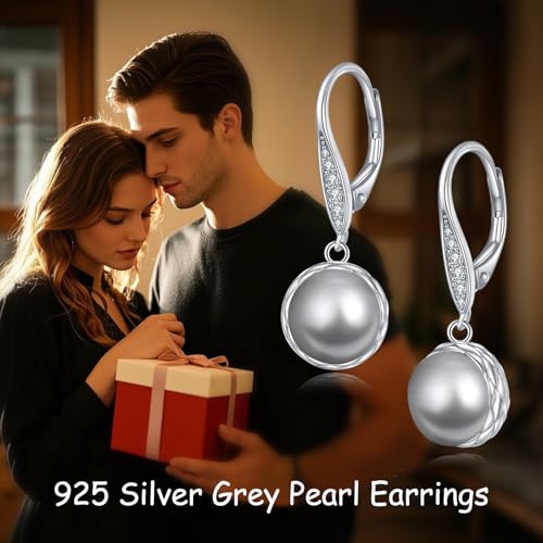 925 Sterling Silver 8mm Pearl Dangle Drop Earrings Moonstone Larimar Opal Rose Quartz Black Pearl Leverback Earrings for Women Christmas Gifts for Her - style: Black Pearl Earrings A