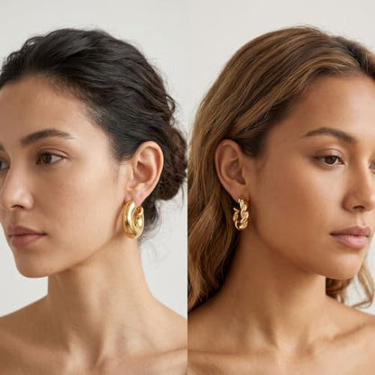 12 Pairs Chunky Gold Hoop Earrings Set for Women | Thick tube hoops, teardrop shapes, ribbed and twisted textures, hammered finish, lightweight trendy everyday jewelry set