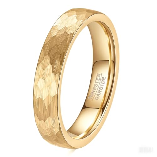 VQYSKO Hammered Tungsten Carbide Wedding Band Ring for Men Women - color: Gold 4mm